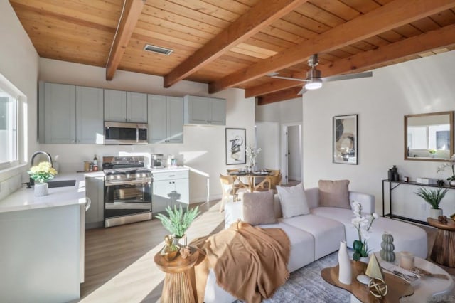 living room featuring sink, ceiling fan, wooden ceiling, beam ceiling, and light hardwood / wood-style flooring