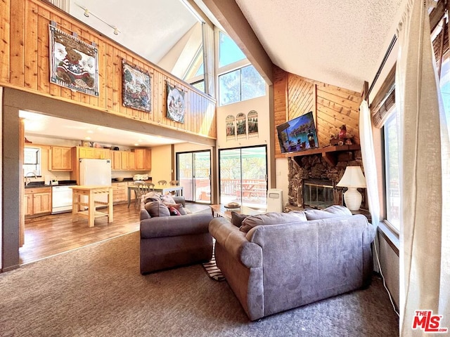 living room featuring high vaulted ceiling, plenty of natural light, a stone fireplace, and wooden walls