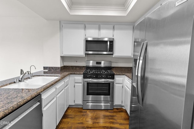 kitchen featuring white cabinetry, sink, dark hardwood / wood-style floors, a tray ceiling, and appliances with stainless steel finishes