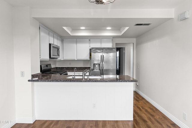 kitchen featuring a raised ceiling, sink, appliances with stainless steel finishes, dark hardwood / wood-style flooring, and kitchen peninsula