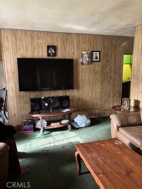 living room featuring wood walls, carpet floors, and a textured ceiling