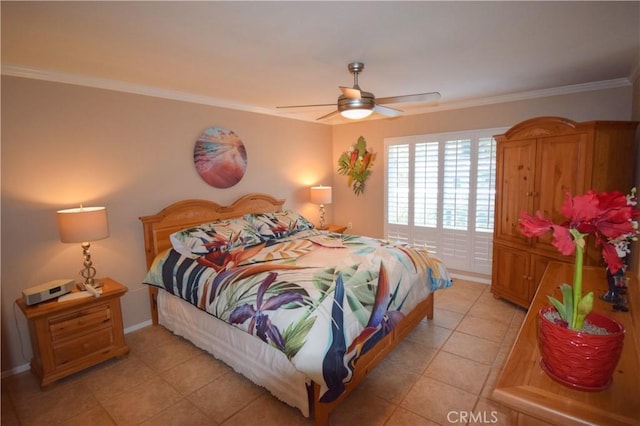 bedroom featuring ornamental molding, light tile patterned floors, and ceiling fan