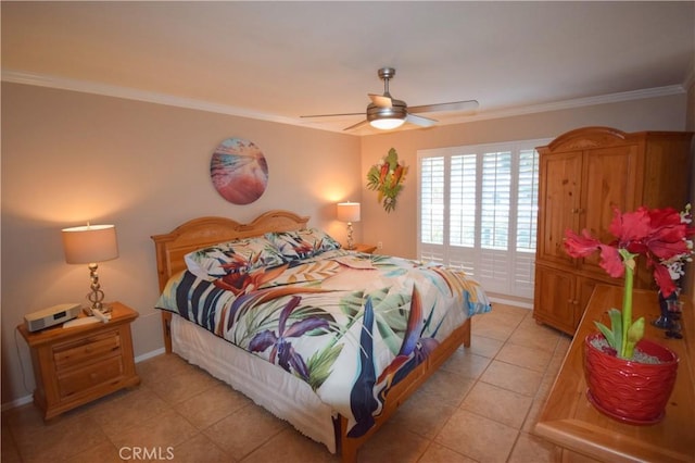 bedroom featuring light tile patterned floors, a ceiling fan, baseboards, and ornamental molding