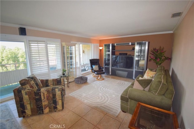 tiled living room with crown molding