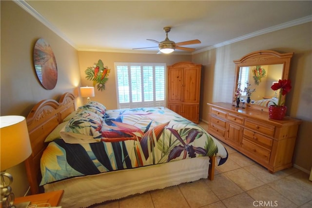 tiled bedroom with ceiling fan and ornamental molding