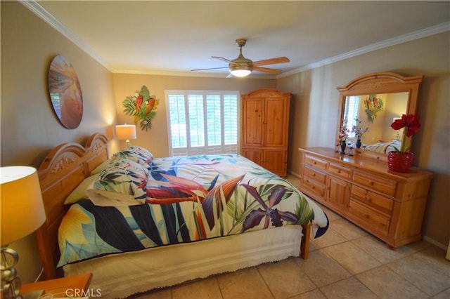 bedroom featuring crown molding, light tile patterned floors, and a ceiling fan