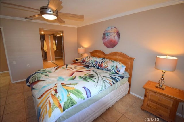 bedroom with ceiling fan, ornamental molding, and light tile patterned floors