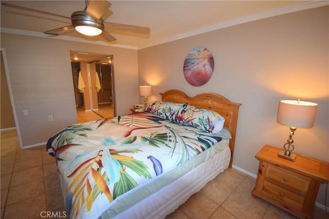 5362 Algarrobo Unit 2O, Laguna Woods, CA 92637 - bedroom with baseboards, ornamental molding, a ceiling fan, and tile patterned floors