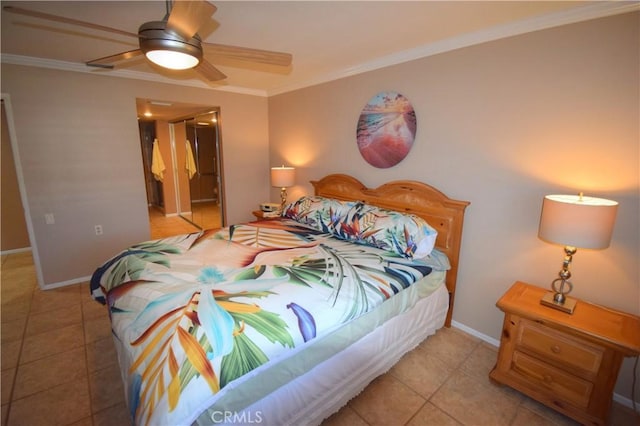 5362 Algarrobo Unit 2O, Laguna Woods, CA 92637 - tiled bedroom featuring crown molding, a ceiling fan, and ensuite bathroom