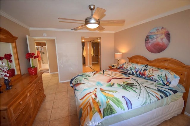 tiled bedroom with connected bathroom, ornamental molding, and ceiling fan