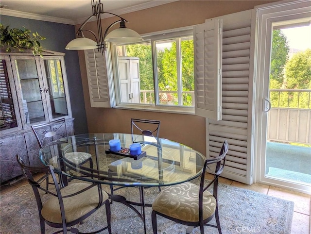 5362 Algarrobo Unit 2O, Laguna Woods, CA 92637 - dining room with crown molding, log walls, and tile patterned floors