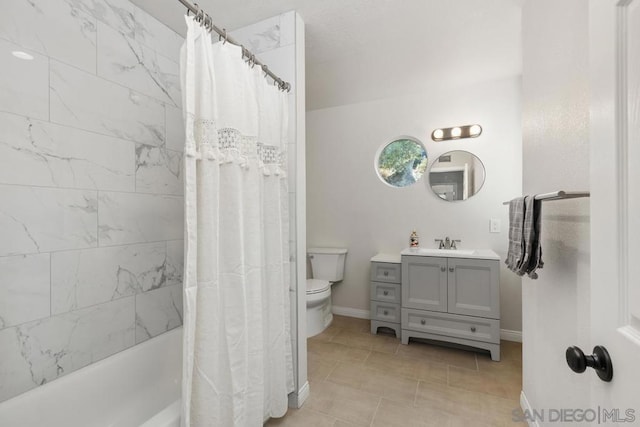 full bathroom with shower / bath combination with curtain, vanity, toilet, and tile patterned flooring