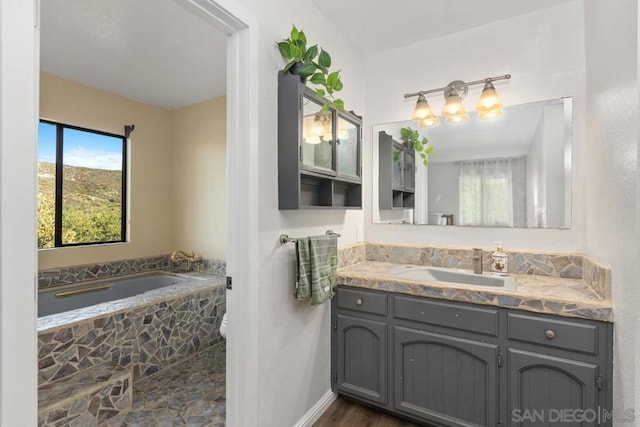 bathroom featuring vanity, a bath, and hardwood / wood-style floors