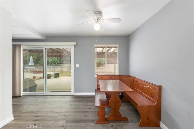 dining area featuring ceiling fan and wood-type flooring