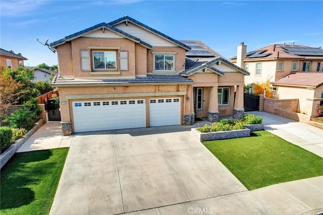 craftsman-style house with a front yard, solar panels, and a garage