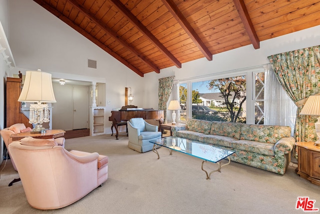 living room featuring wood ceiling, beam ceiling, carpet floors, and high vaulted ceiling