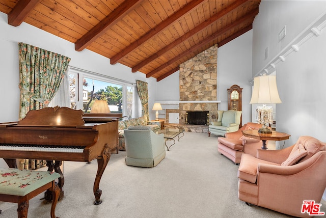 living room featuring a stone fireplace, carpet, wood ceiling, and high vaulted ceiling