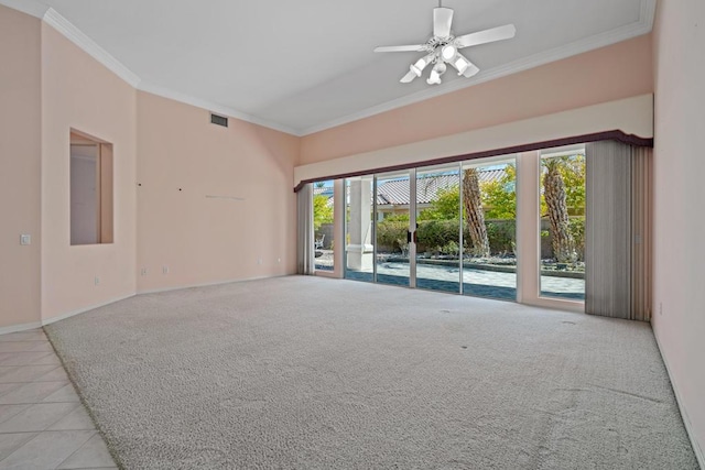 unfurnished living room featuring crown molding, ceiling fan, and light colored carpet