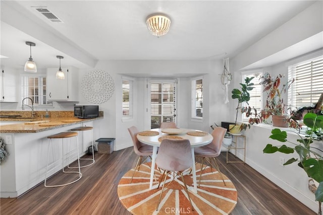 dining area featuring sink and dark wood-type flooring