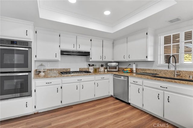 kitchen featuring appliances with stainless steel finishes, light wood-type flooring, a tray ceiling, and white cabinetry