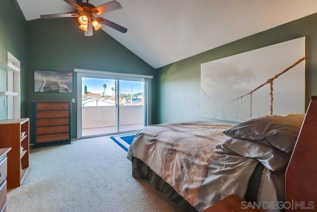 bedroom with ceiling fan, access to exterior, lofted ceiling, and light carpet