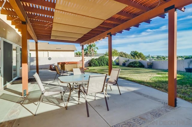 view of patio featuring a pergola and a hot tub