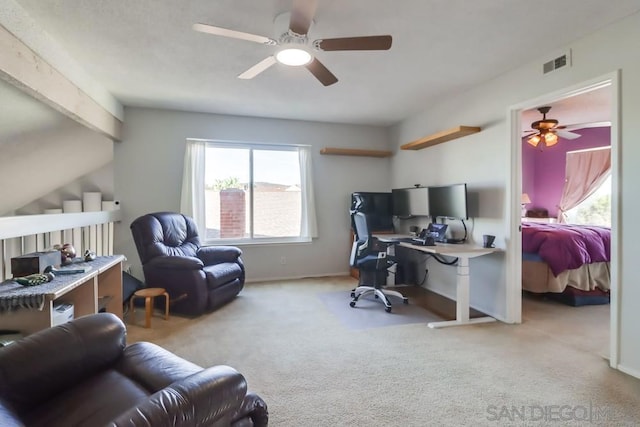 office featuring light colored carpet and ceiling fan