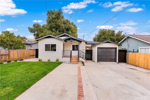 bungalow-style home featuring a garage and a front lawn