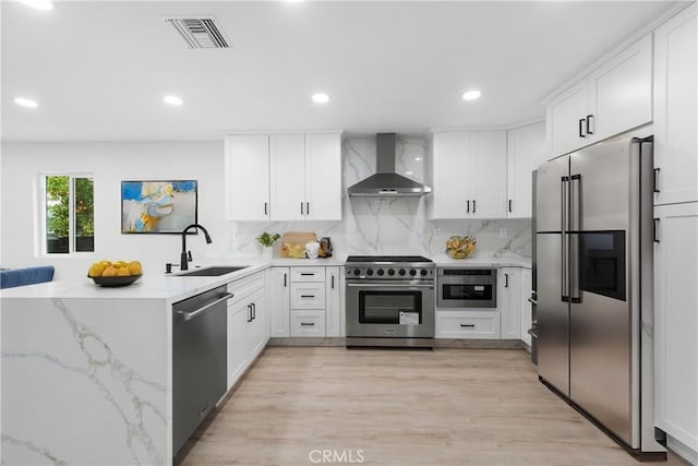 kitchen with white cabinetry, sink, wall chimney exhaust hood, and high end appliances