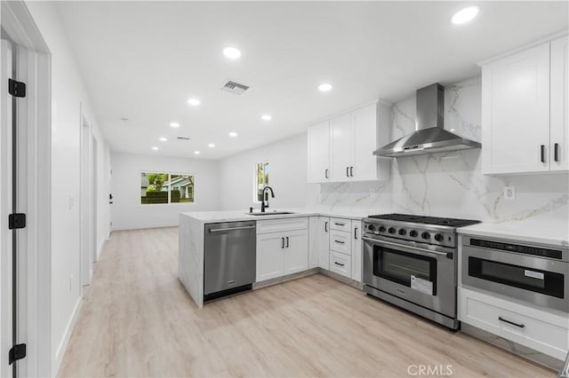 kitchen featuring kitchen peninsula, white cabinets, wall chimney exhaust hood, and appliances with stainless steel finishes