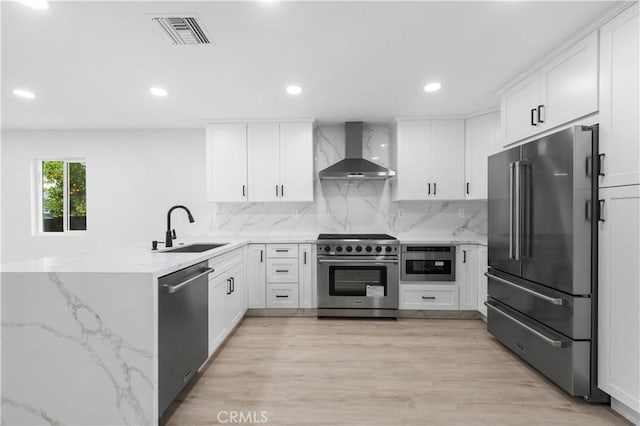 kitchen featuring kitchen peninsula, wall chimney exhaust hood, premium appliances, sink, and white cabinetry