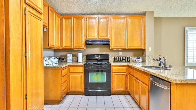 kitchen with kitchen peninsula, black gas stove, stainless steel dishwasher, and sink