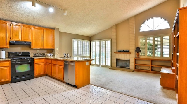 kitchen featuring kitchen peninsula, black range with gas stovetop, stainless steel dishwasher, and a wealth of natural light