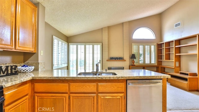 kitchen with dishwasher, sink, a wealth of natural light, and vaulted ceiling