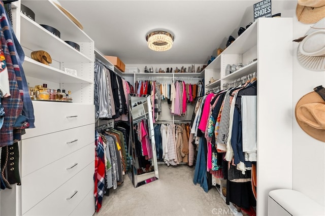 walk in closet featuring light carpet