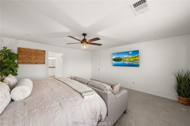 carpeted bedroom with connected bathroom and ceiling fan