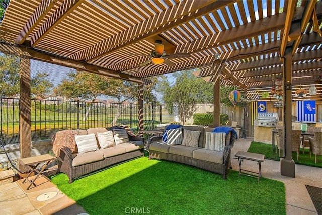 view of patio / terrace with a pergola, area for grilling, and an outdoor hangout area