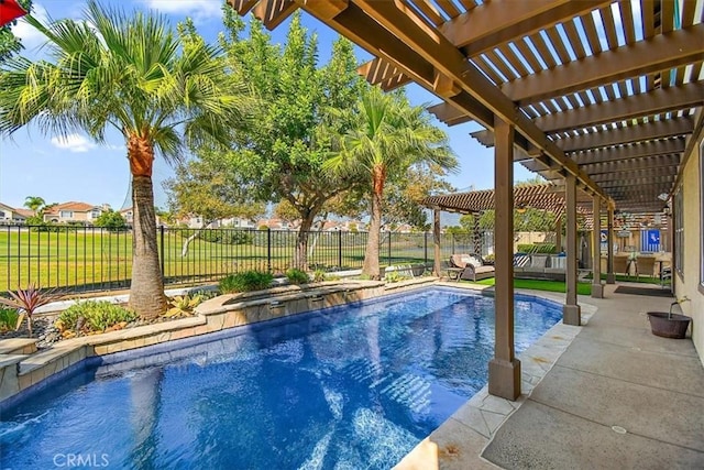 view of pool with a pergola, a patio, and a lawn