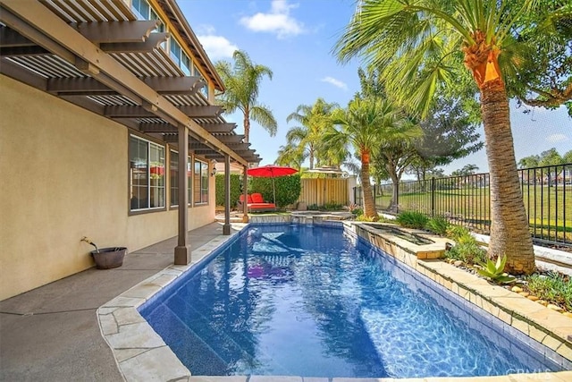 view of pool with a pergola and an in ground hot tub