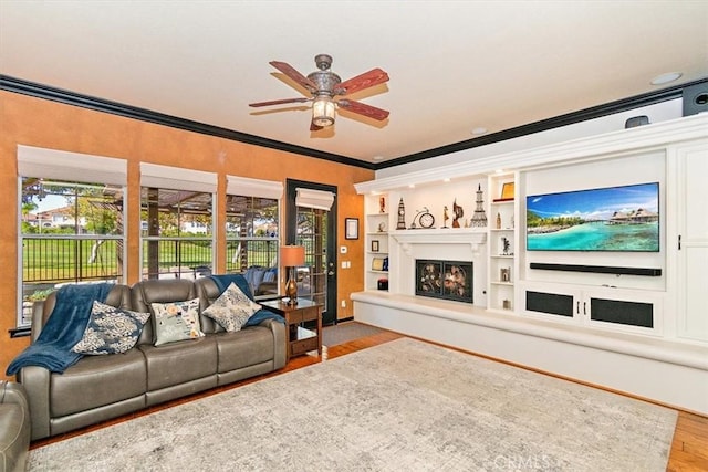 living room with light hardwood / wood-style flooring, ceiling fan, and crown molding