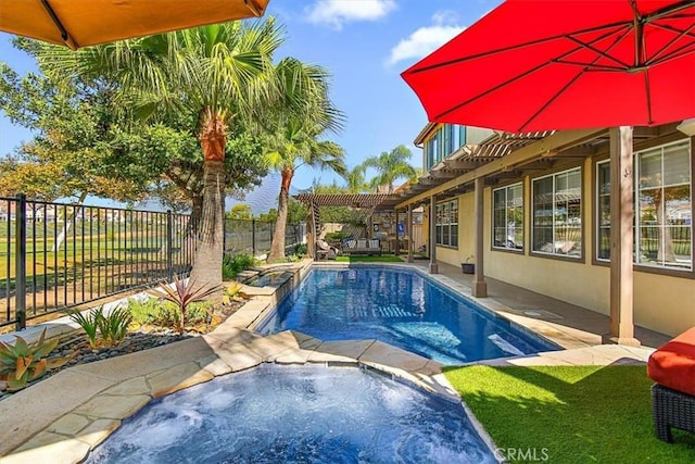 view of swimming pool featuring a patio area, a pergola, and an in ground hot tub