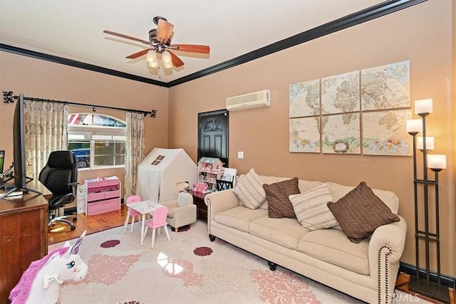 living room featuring hardwood / wood-style floors, a wall mounted AC, ornamental molding, and ceiling fan