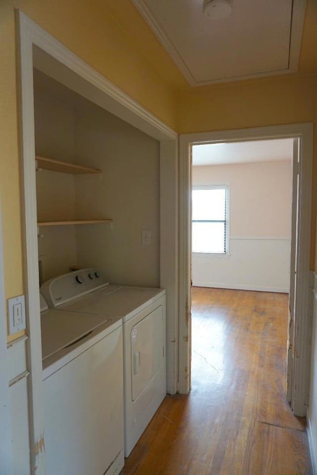 laundry room featuring washing machine and clothes dryer and light hardwood / wood-style floors