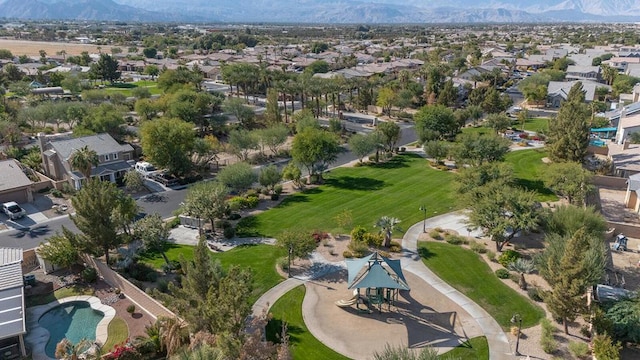 drone / aerial view featuring a mountain view