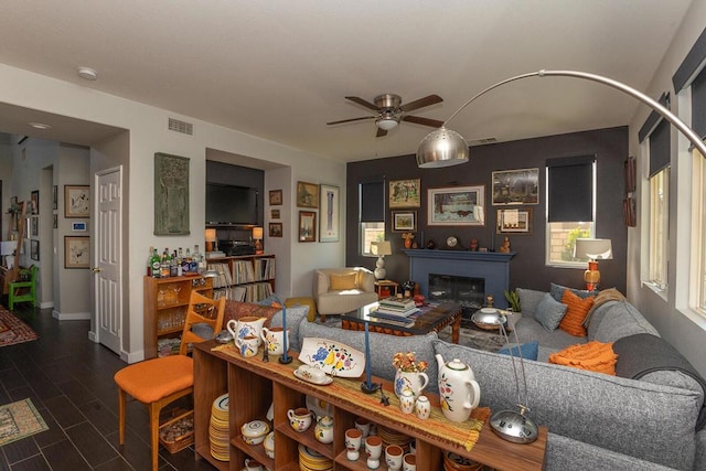 living room featuring ceiling fan