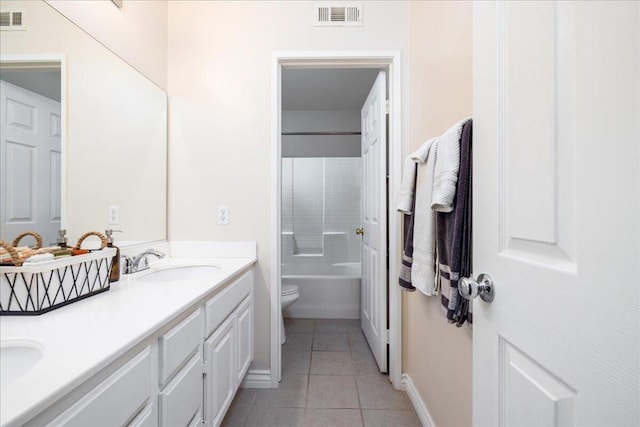 full bathroom with toilet, vanity, tile patterned floors, and tiled shower / bath combo