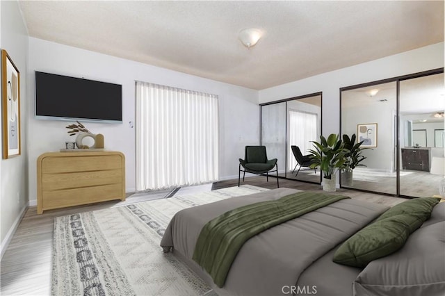 bedroom with multiple closets and wood-type flooring