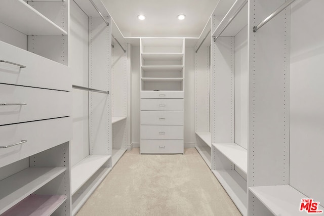 walk in closet with light carpet