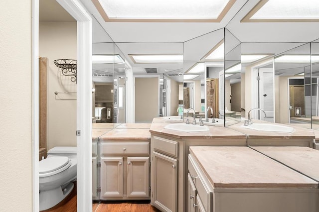 bathroom with hardwood / wood-style flooring, vanity, and toilet