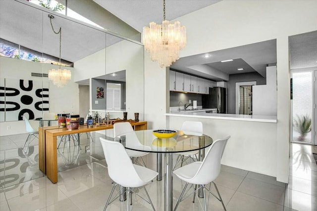 dining room with sink, vaulted ceiling, and a notable chandelier